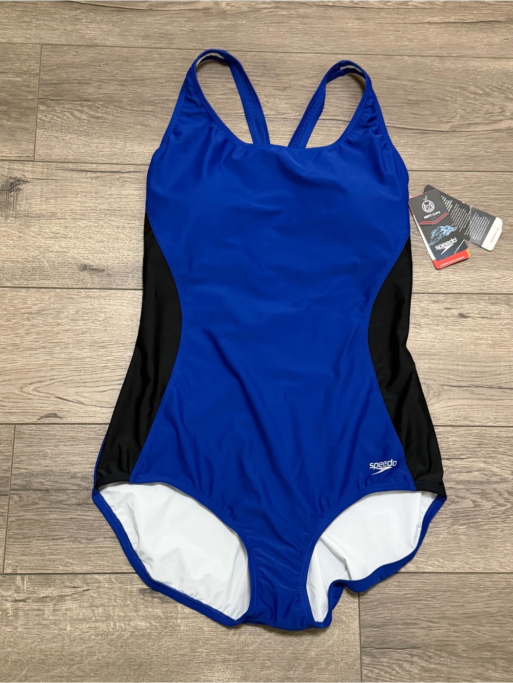 Speedo Women Illusion Splice Ultra Back Northern Blue Black Swimsuit NWT Sz 14